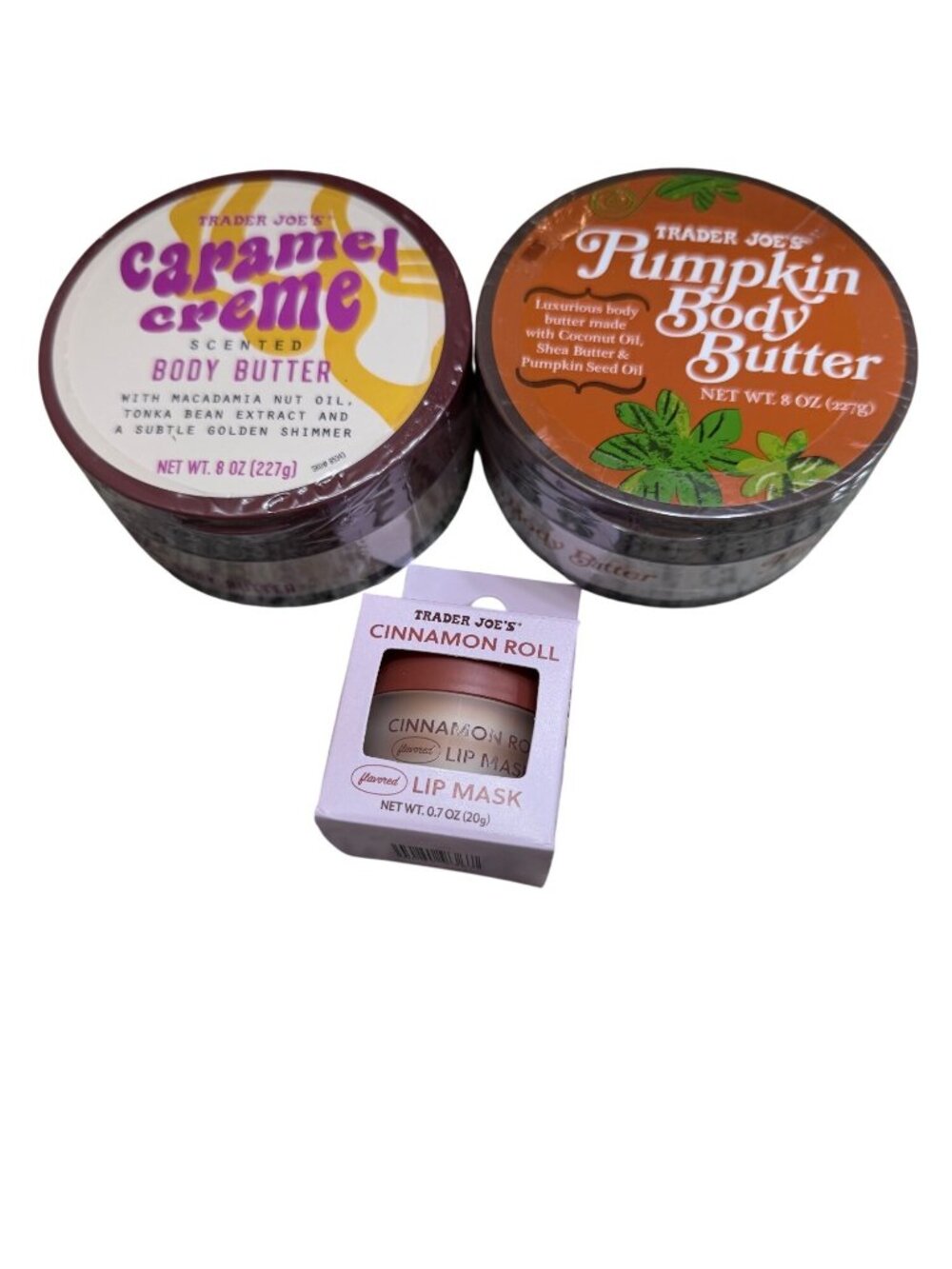 Trader Joes Body Butter Set Caramel Creme, Pumpkin & Cinnamon Roll Lip Mask